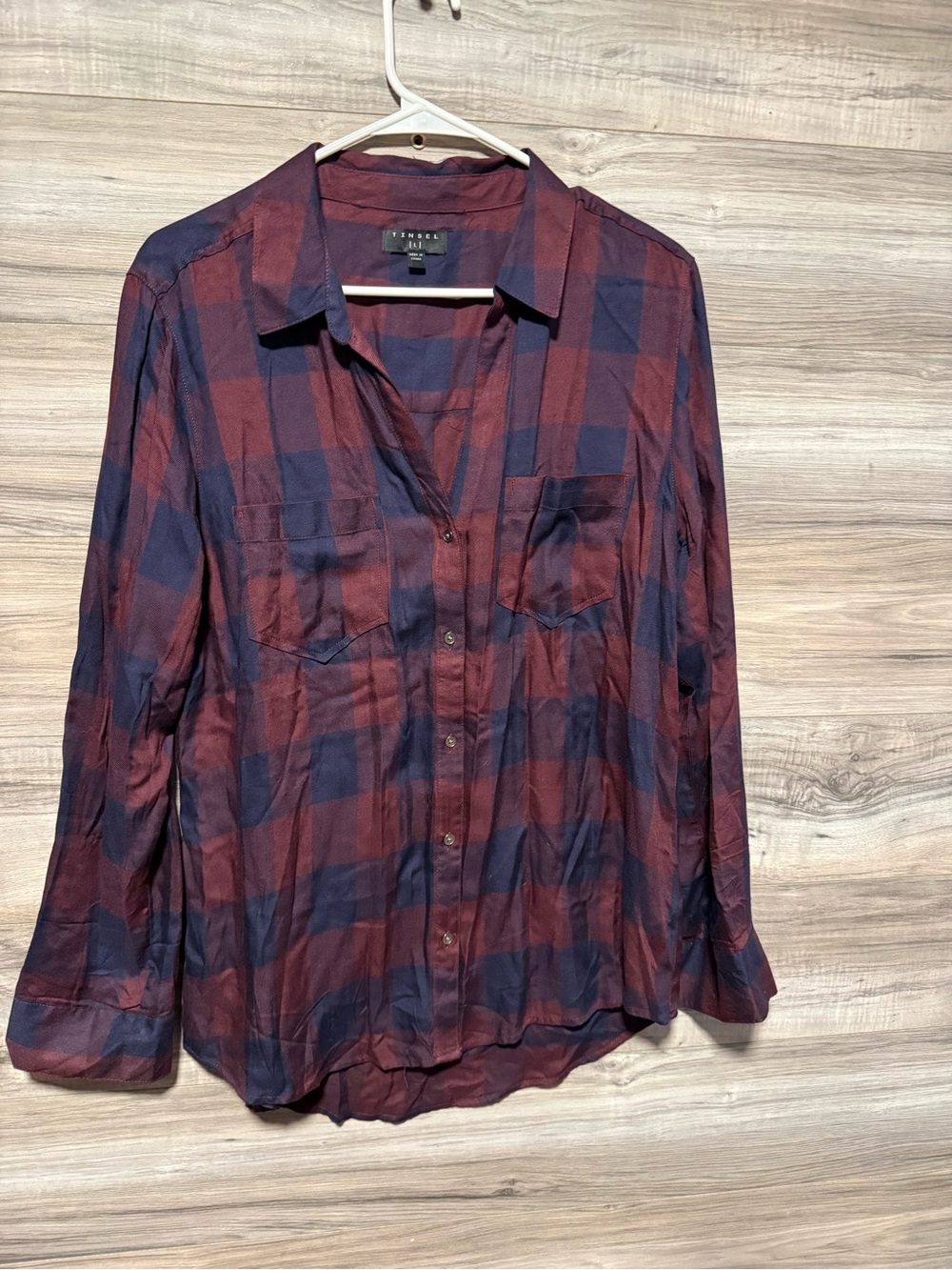 Tinsel Womens plaid button down top blue & red